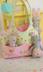 sewing pattern for small bag with outside pockets and felt bunnies.