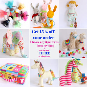 Image stating 15% off patterns when you order three and use the code THREE at checkout