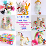 Load image into Gallery viewer, image stating 15% off patterns when you order three and use the code THREE at checkout
