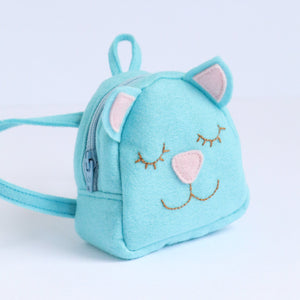 blue felt backpack with cat face