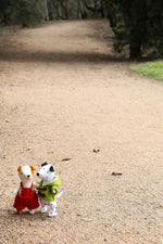 Load image into Gallery viewer, two small felt dogs wearing clothes standing on a path
