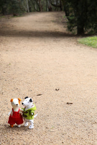 two small felt dogs wearing clothes standing on a path